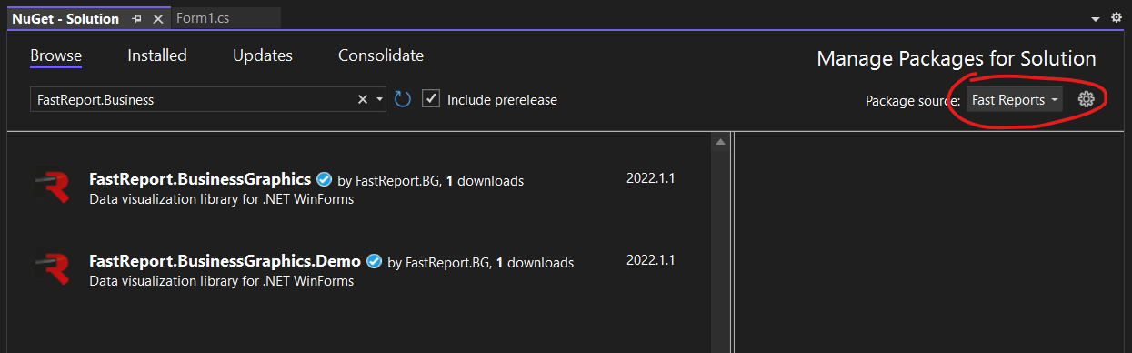 Installing FastReport Business Graphics from the Nuget package